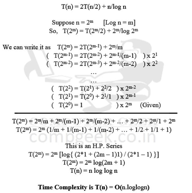 T(n) = 2T(n/2) + n/logn T(1) = 1 Solution