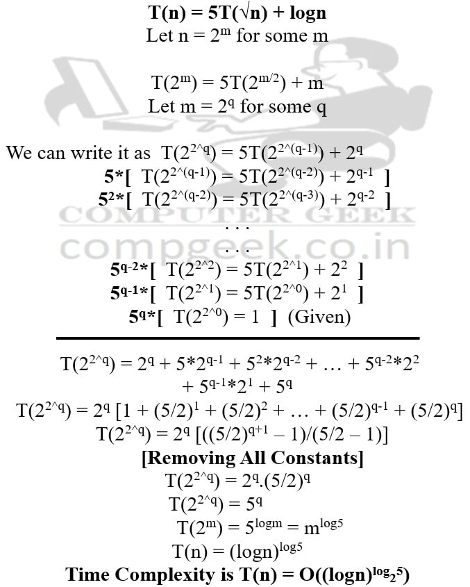 time complexity
T(n) = 5T(√n) + logn
T(1) = 1
Solution
