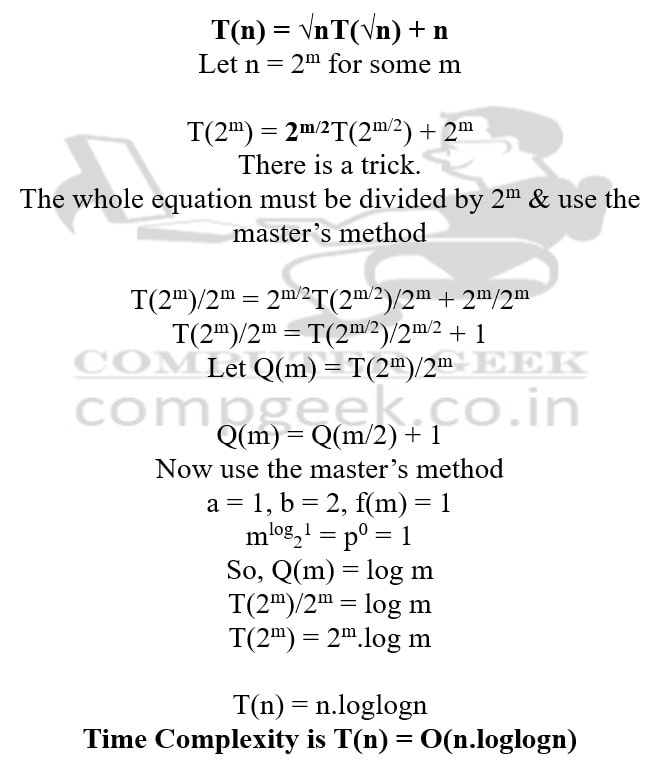 time complexity
T(n) = √nT(√n) + n
T(1) = 1
Solution