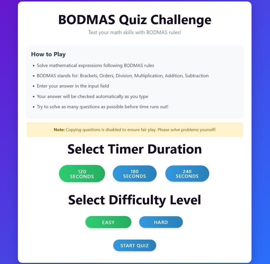 Bodmas Questions Quiz